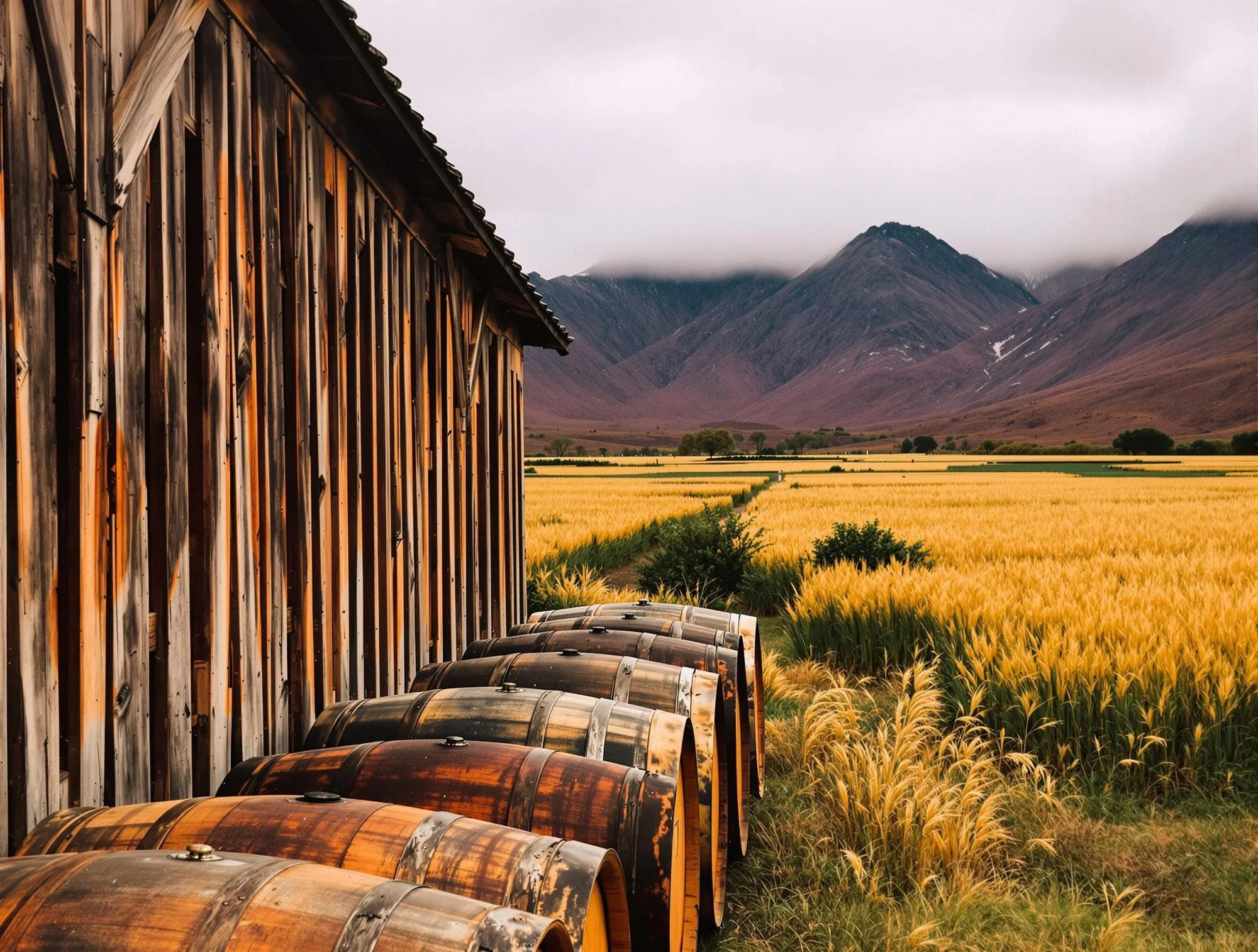 Champs et fut de whisky en premier plan