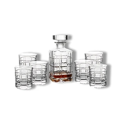 Coffret whisky avec carafe en verre au design géométrique et six verres assortis, pour une présentation unique.