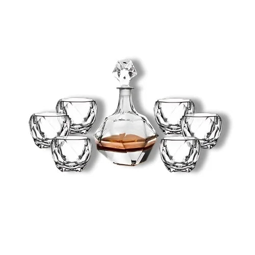 Coffret avec carafe en verre soufflé et six verres aux motifs modernes, idéal pour les amateurs de whisky.