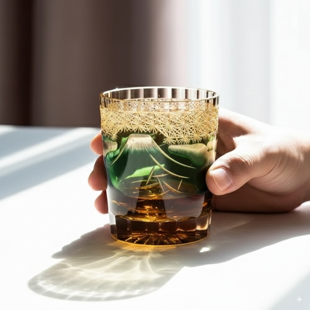 Verre à whisky gravé vert tenu par une main