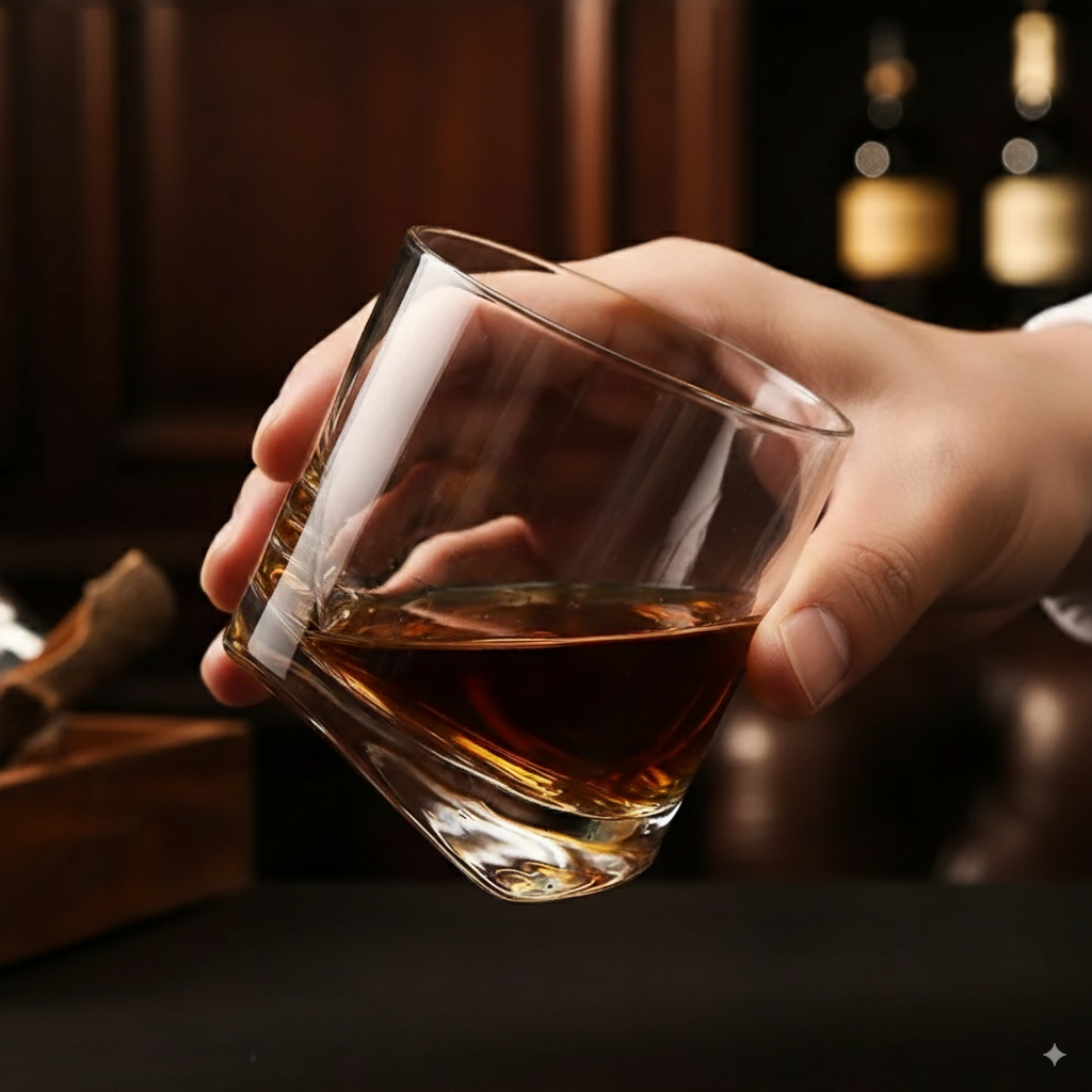 Verre à whisky penché tenu par une main