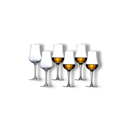 Un lot de six verres tulipe, mélangeant forme classique et fonctionnalité, idéal pour les amateurs de whisky.